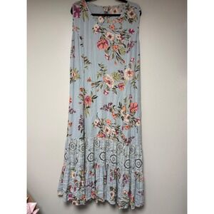 Lola P. Light Blue Floral Maxi Dress Ruffle Hem‎ Boho Casual Size S